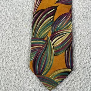 HUGO BOSS  Tie  Leaves Print Blue Purple Gold  Silk  Classic Necktie Italy